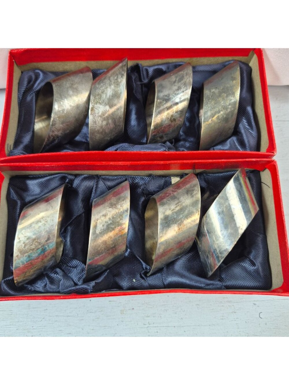 Leonard Silver Plate Napkin Rings Set of 8 MCM Twisted Spiral with Boxes